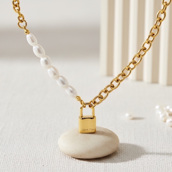 Stunning 18K Gold Plated Freshwater Pearl Necklace with Padlock Charm 🔒 ✨ - Picture 10 of 12